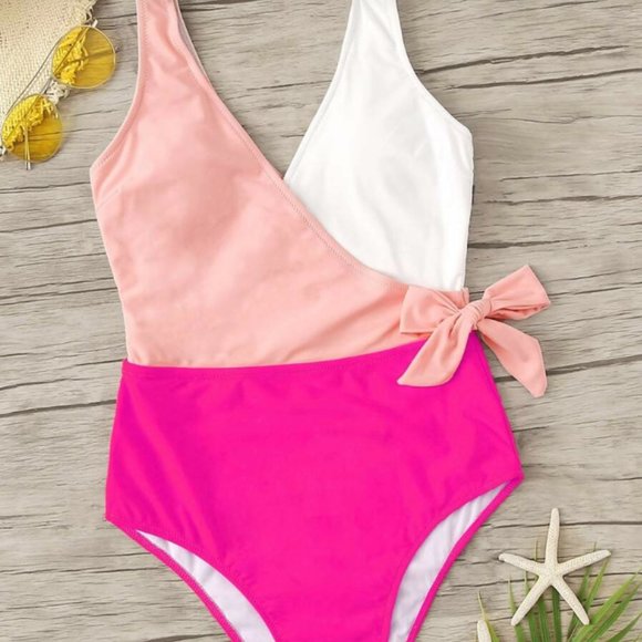 SHEIN Other - Pink & White Colorblock One-Piece Swim with Bow